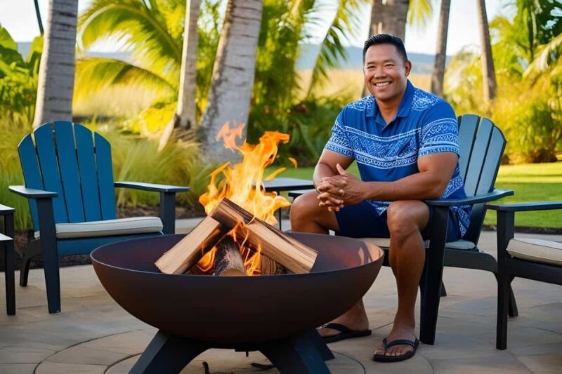 start-a-fire-pit-fire-main Image of a man sitting next to a burning fire pit in a tropical surrounding for a blog post covering how to start a fire pit.