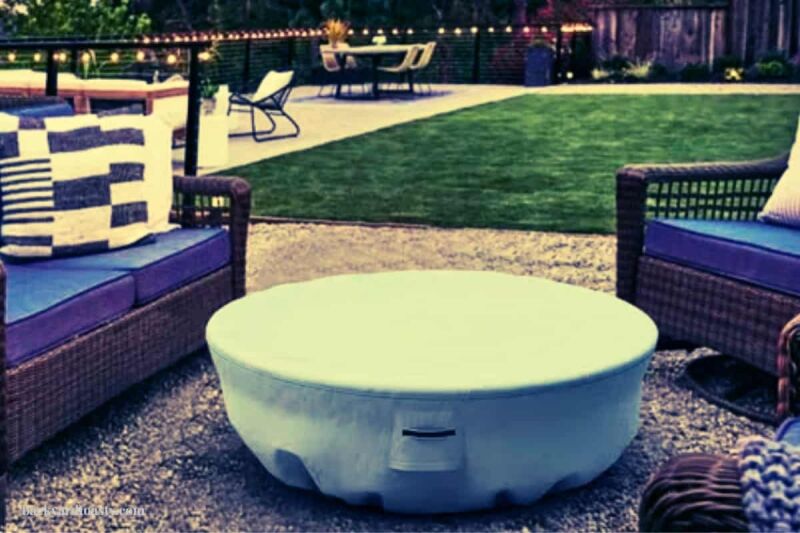 measure-for-a-fire-pit-cover-main Image of a covered fire pit and seating on gravel in a backyard for a blog post covering how to measure for a fire pit cover.