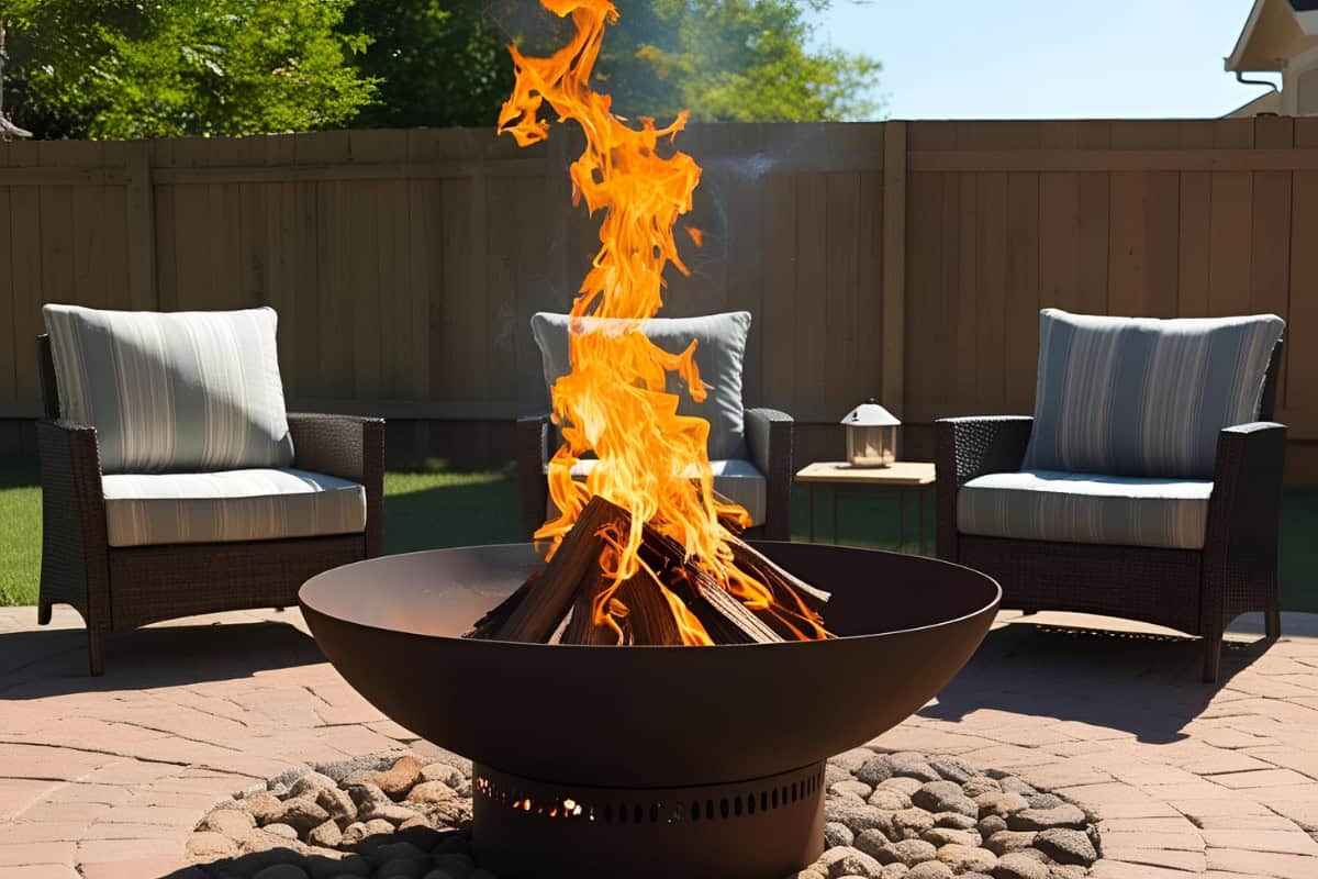 what-size-fire-pit-main Image of a wood burning fire pit bowl and patio chairs